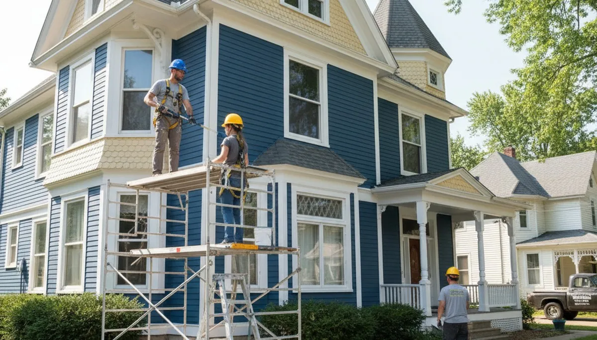 Painter working on a Madison, WI home exterior for professional painting service