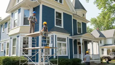 Painter working on a Madison, WI home exterior for professional painting service
