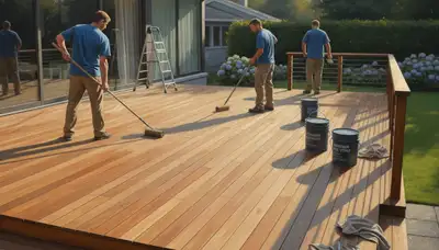 Madison, WI painters applying deck stain to protect wood from weather and moisture