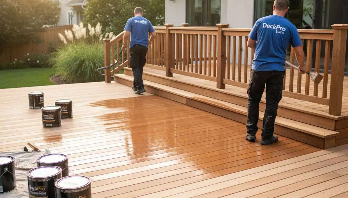 Madison, WI painters staining a deck to protect wood from weather, moisture, and UV damage