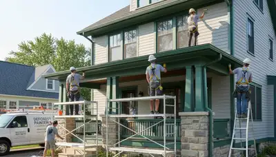 Painting contractors in Madison, WI preparing a home exterior for repainting